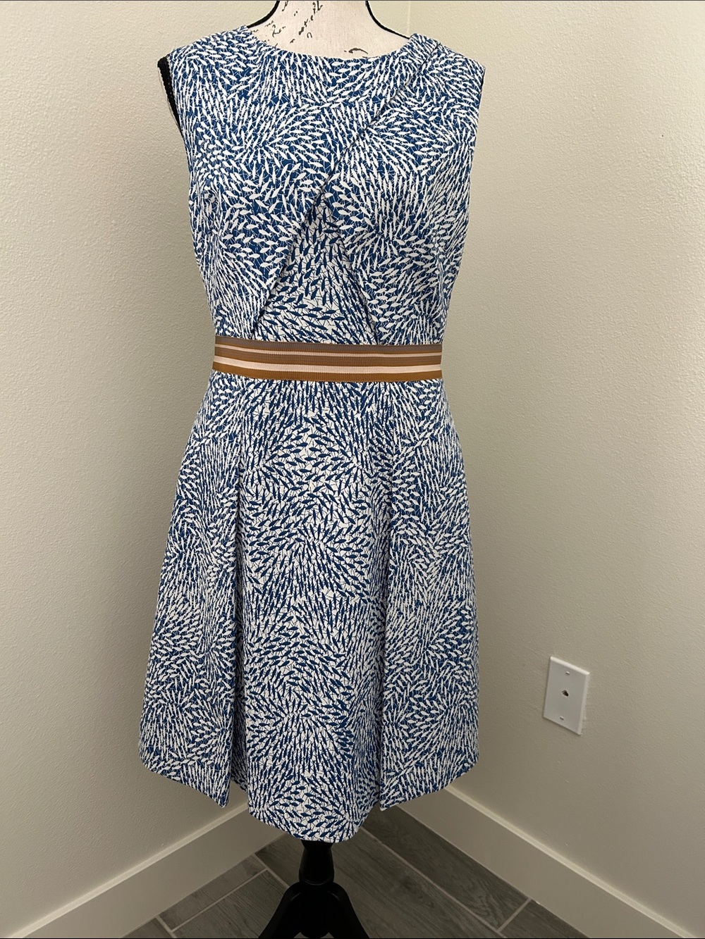 Ted Baker London Blue & White Fish Printed Midi Dress with Contrast Waistband